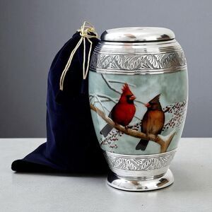 Handcrafted Cardinal Couple Large Cremation Urn Adult Ashes Velvet Bag New No Bx
